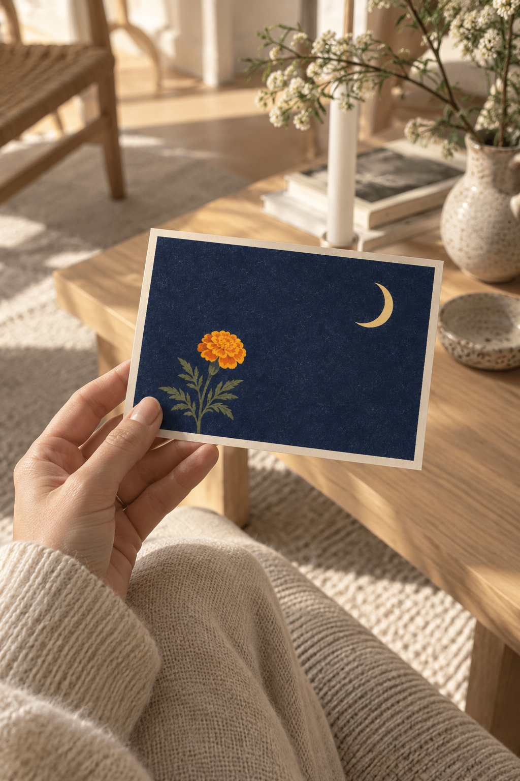 Hand holding the Midnight Bloom postcard to show its real size