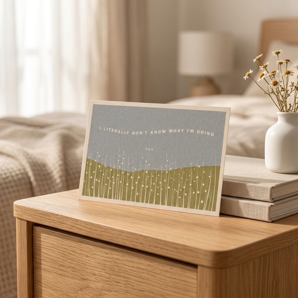 I Don't Know What I'm Doing (Yet) postcard leaning on books on a bedside table