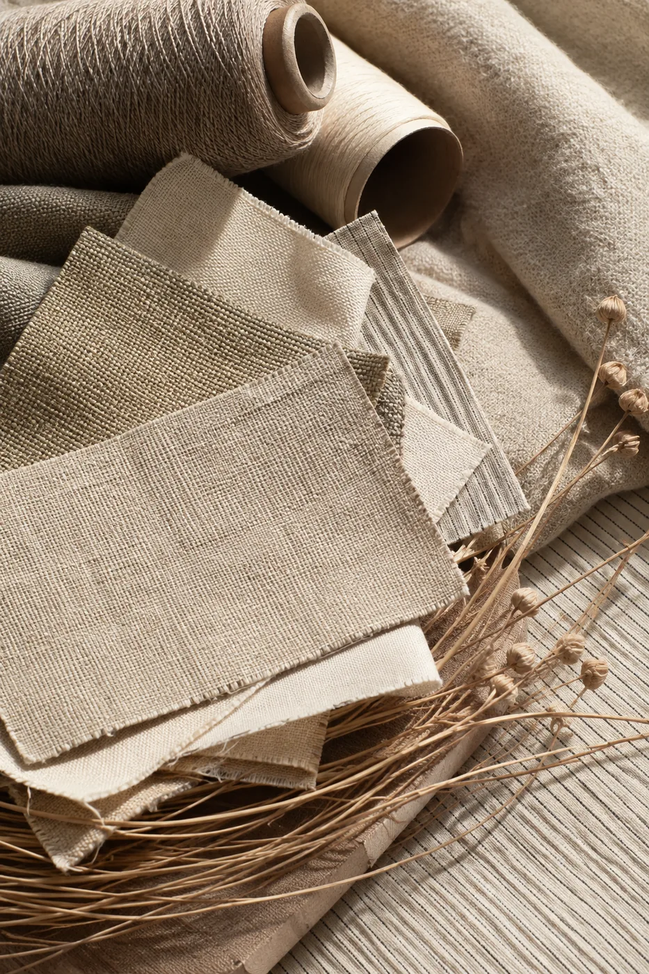 Neutral textile swatches and yarn alongside dried botanicals