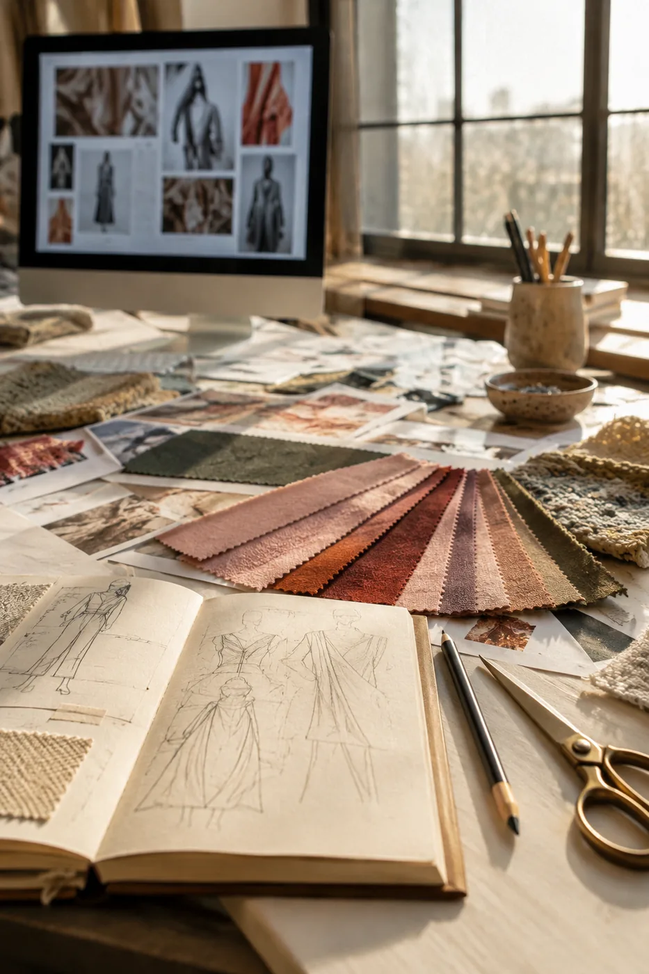Sunlit designer's studio with sketches, fabric samples and a moodboard