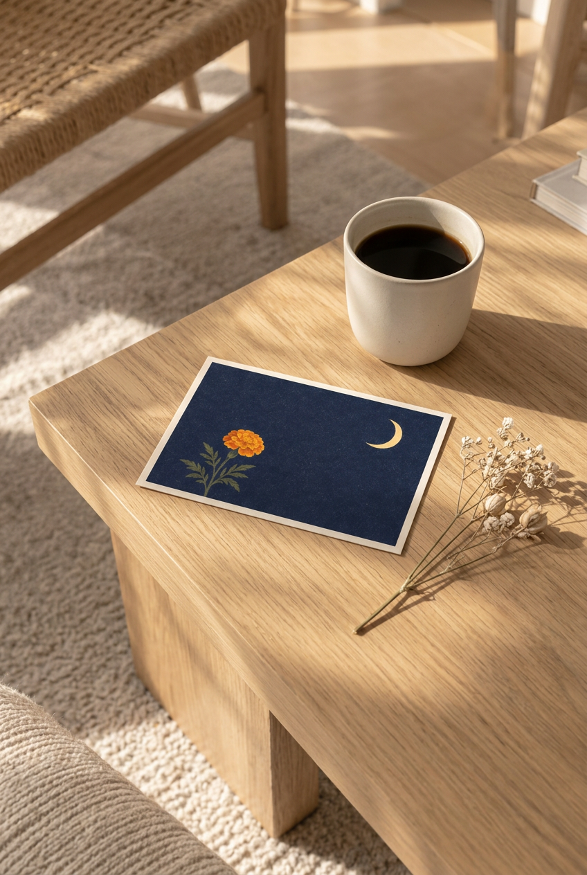 Midnight Bloom postcard resting on an oak table beside a coffee cup