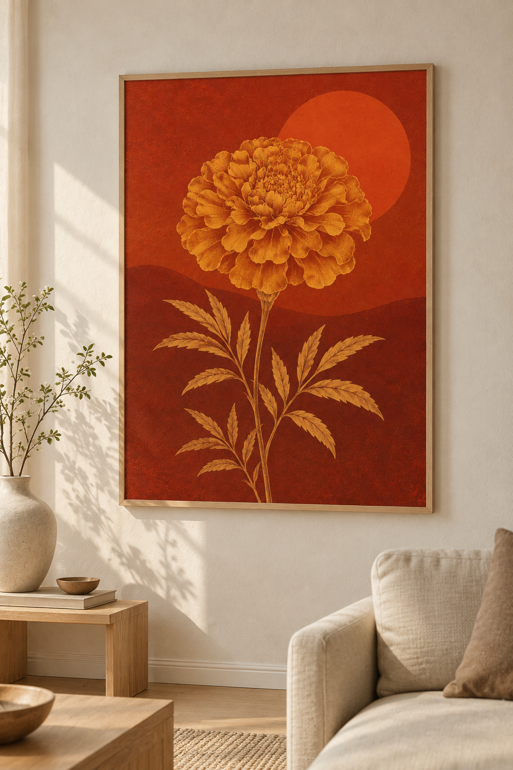 Ember Dusk framed on a wall in a warm Scandinavian interior
