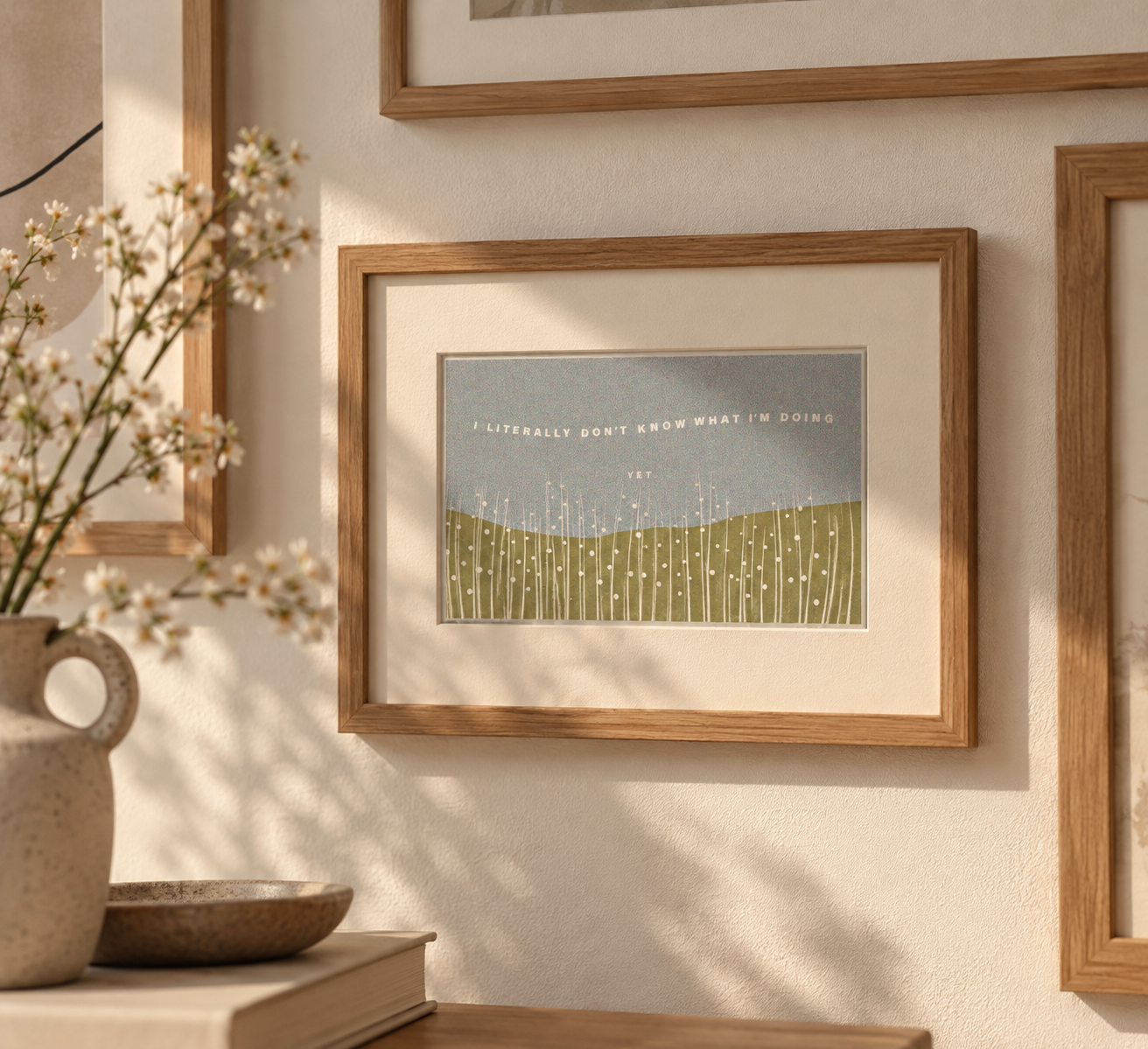 I Don't Know What I'm Doing (Yet) postcard framed with a passepartout on a gallery wall