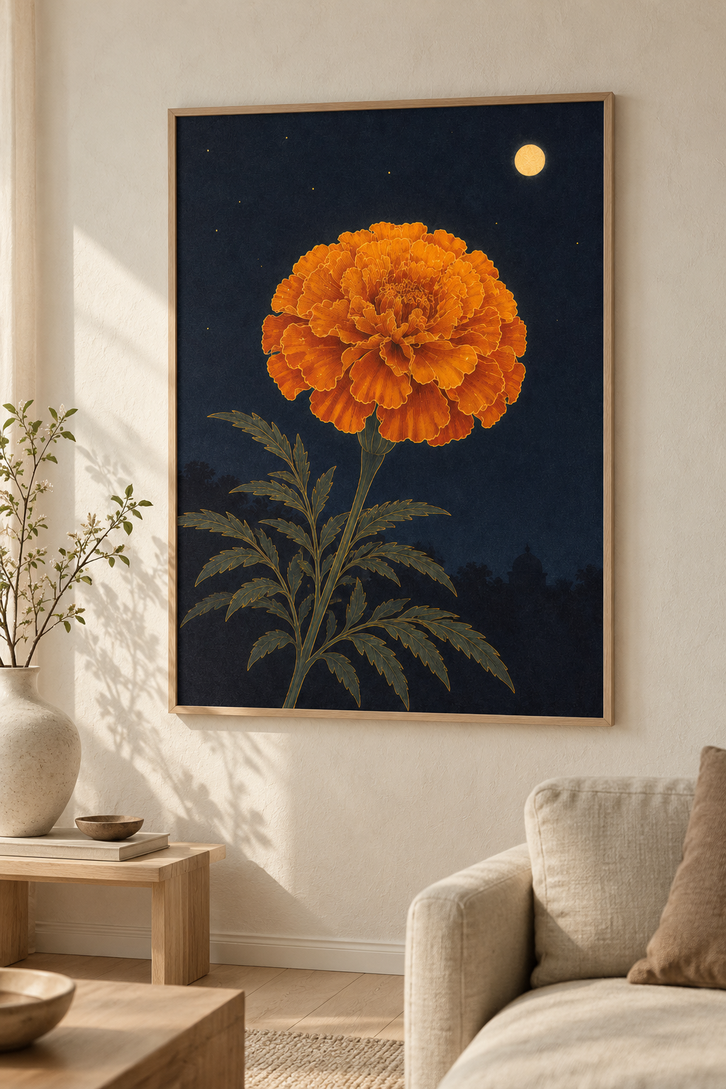 Midnight Bloom framed on a wall in a warm Scandinavian interior