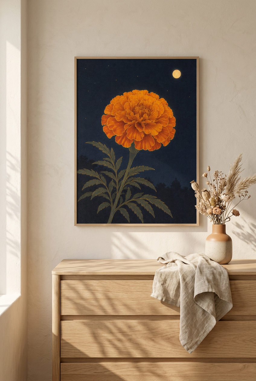 Midnight Bloom hanging above an oak dresser with dried flowers