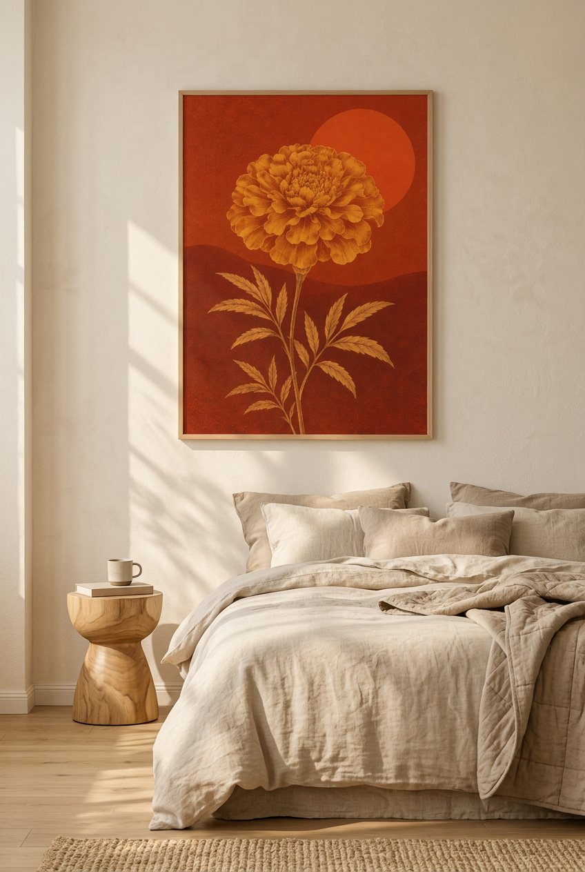 Ember Dusk hanging above a bed with linen bedding