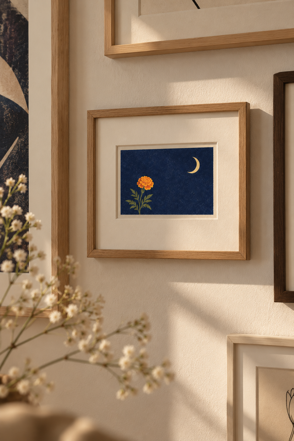 Midnight Bloom postcard framed on a gallery wall